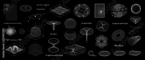 Scientific geometric and physical drawings with formulas. 3D drawings, science fiction, quantum physics with geometric figures, school board. Science fiction set, higher mathematics. Vector graphics