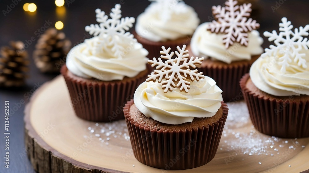 Christmas cupcakes with whipped cream and snowflake decorations on a white plate Christmas cupcakes with whipped cream and snowflake decorations on a white plate