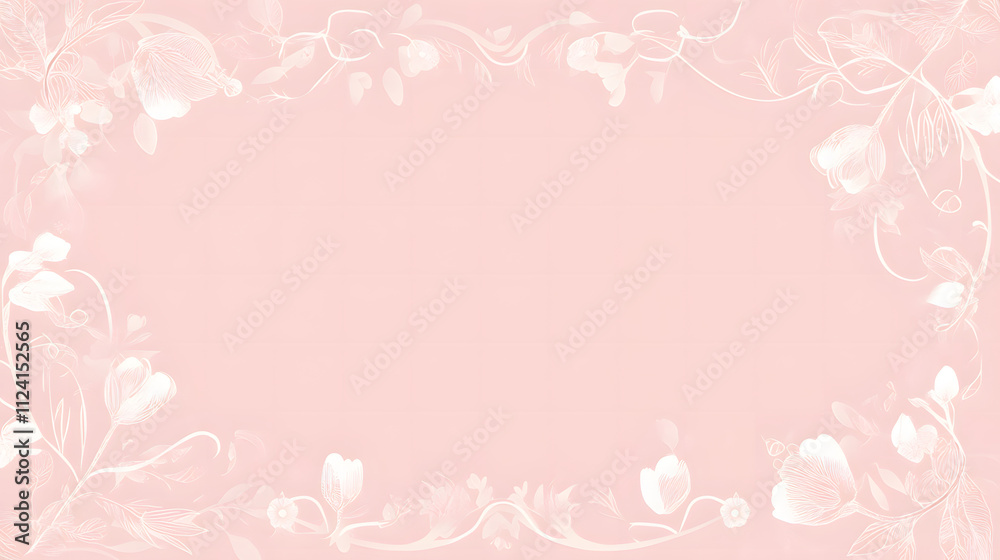 Light pink background, flat illustration, with flower and plant frame, white, simple background, empty space in the middle of the frame. Light pink background, flat illustration, with flower and plant frame, white, simple background, empty space in the middle of the frame.