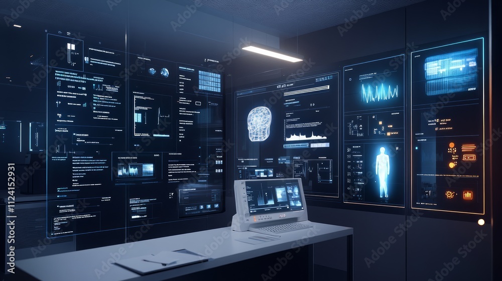 Futuristic tech control room with digital displays showing data, graphs, and human biometrics. Futuristic tech control room with digital displays showing data, graphs, and human biometrics.