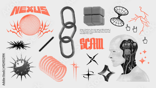 Bitmap style shapes, digital art in halftone effect. Retrofuturistic graphic pack with 3D universal geometric shapes, neo tribal, y2k elements. Trendy acid collection, y2k, 3D digital design. Vector