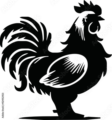 Rooster crowing, Basic simple Minimalist vector graphic, isolated on white background, black and white