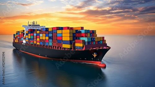 Colorful Cargo Ship Sailing at Sunset Over Calm Waters with Bright Sky and Reflection
