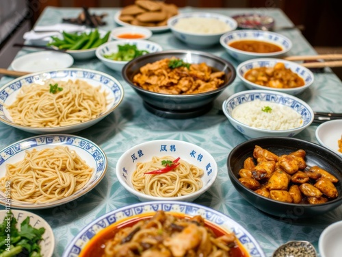 A colorful spread of traditional Chinese dishes on a table, including dim sum, noodles, rice dishes, and stir-fried vegetables, table, traditional, chinese food