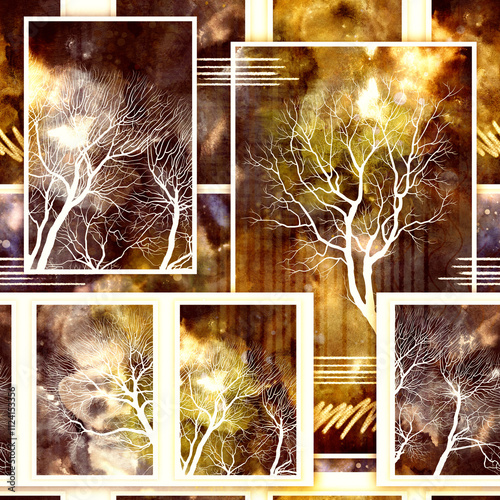 Beautiful winter trees - patchwork boho chic seamless pattern. Hand drawn endless motif. Abstract watercolor and digital illustration. 