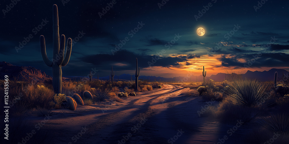 Obraz premium A full moon shining above a desert landscape with cactus silhouette