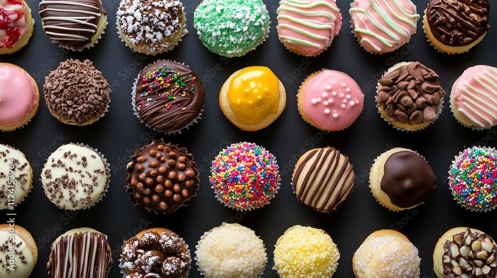 Assorted Pastries with Chocolate and Frosting on Black Surface Assorted Pastries with Chocolate and Frosting on Black Surface