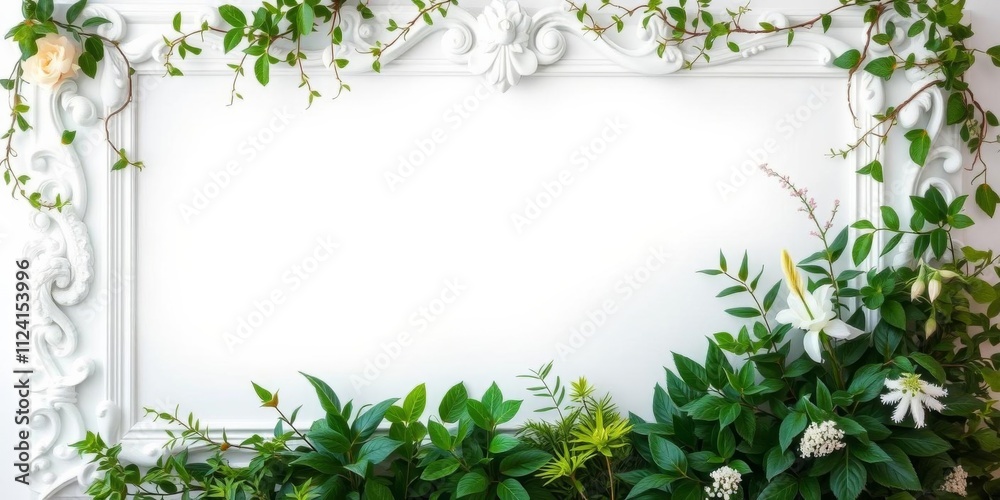A luxurious frame of lush green plants surrounding a spacious white copy space, copy space, white, elegant A luxurious frame of lush green plants surrounding a spacious white copy space, copy space, white, elegant