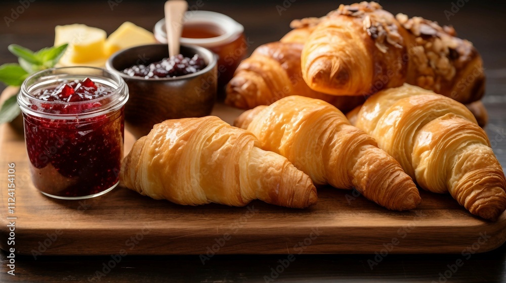 Croissant, Jam, and Mini Muffins on Wooden Cutting Board Croissant, Jam, and Mini Muffins on Wooden Cutting Board