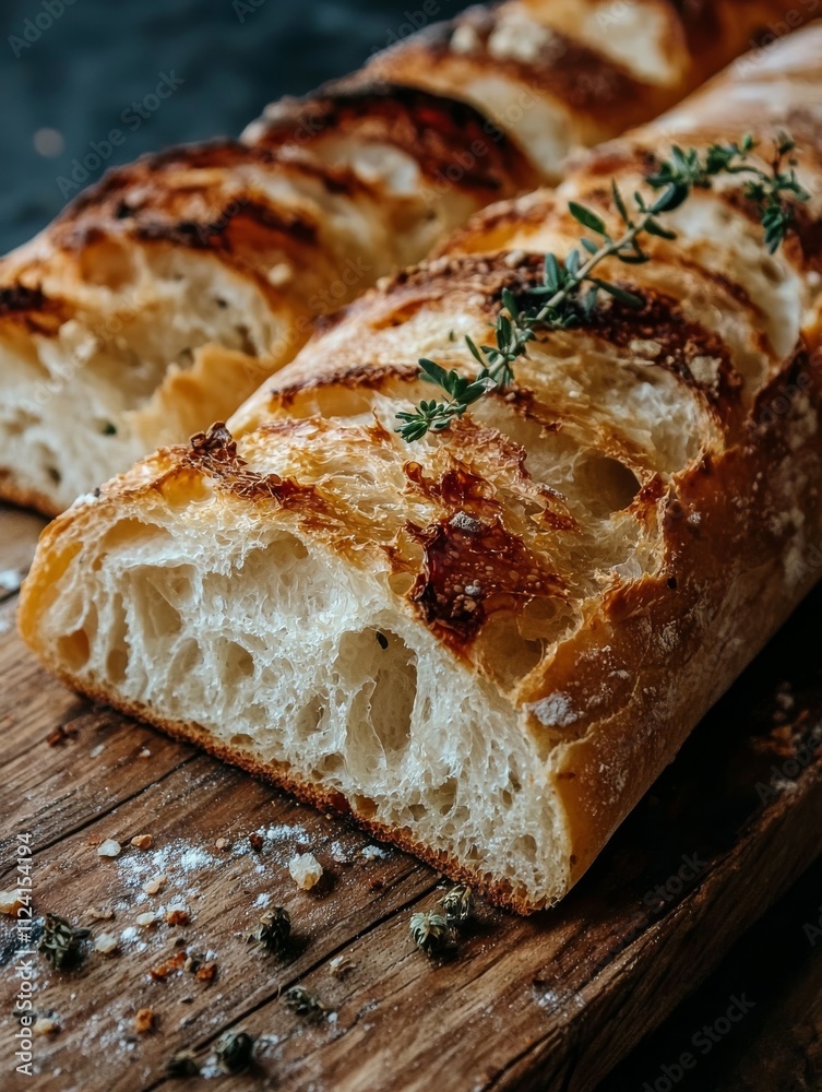 A freshly baked loaf of bread, sliced and garnished with thyme, resting on a wooden board sprinkled with salt. A freshly baked loaf of bread, sliced and garnished with thyme, resting on a wooden board sprinkled with salt.