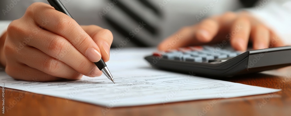 A person in a suit writes on a notepad while using a calculator, emphasizing a professional and analytical setting. A person in a suit writes on a notepad while using a calculator, emphasizing a professional and analytical setting.
