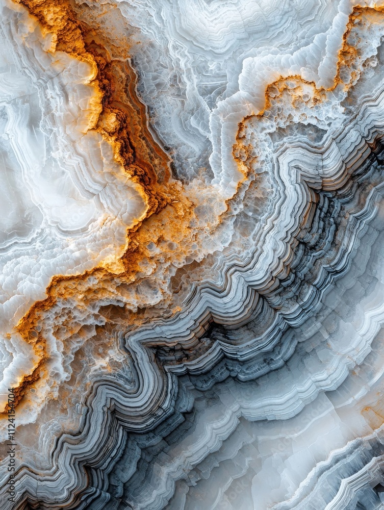 Obraz premium A striking close-up of a multi-layered stone showcasing intricate patterns in gray and gold hues, highlighting natural mineral formations.
