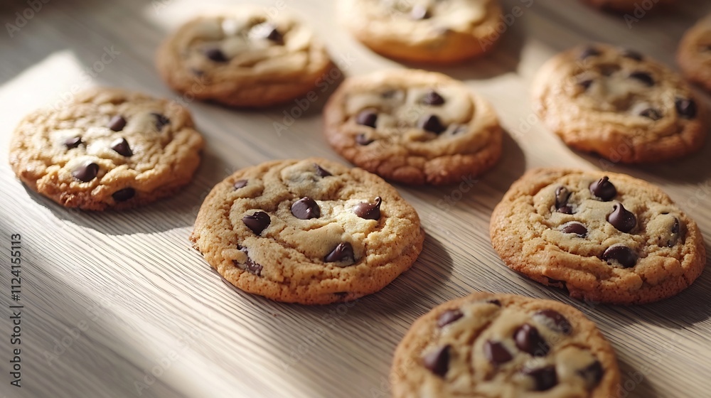 Freshly Baked Chocolate Chip Cookies on Rustic Wooden Table with Warm Enticing Aroma Freshly Baked Chocolate Chip Cookies on Rustic Wooden Table with Warm Enticing Aroma