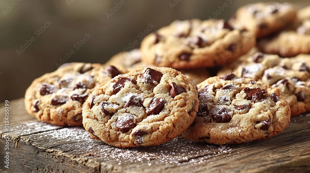 Decadent Chocolate Chip Cookies on Rustic Wooden Slab with Dramatic Lighting Decadent Chocolate Chip Cookies on Rustic Wooden Slab with Dramatic Lighting