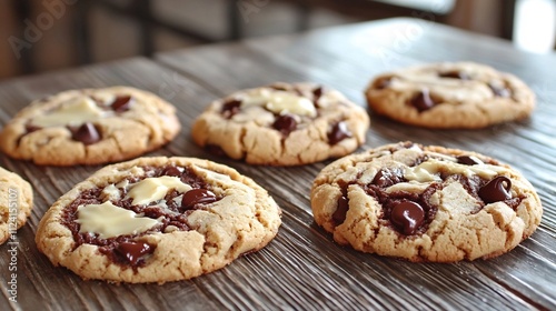 Decadent Homemade Chocolate Chip Cookies Cooling on a Rustic Farmhouse Table