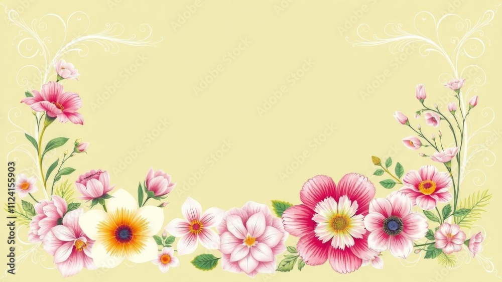 A vibrant and intricate floral border surrounding a beautiful flower in the center, botanical, spring, elegance A vibrant and intricate floral border surrounding a beautiful flower in the center, botanical, spring, elegance