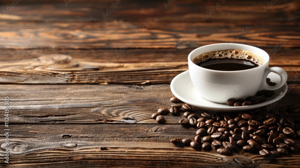 A steaming cup of coffee sits on a rustic wooden table, surrounded by coffee beans, evoking a cozy, inviting atmosphere. A steaming cup of coffee sits on a rustic wooden table, surrounded by coffee beans, evoking a cozy, inviting atmosphere.