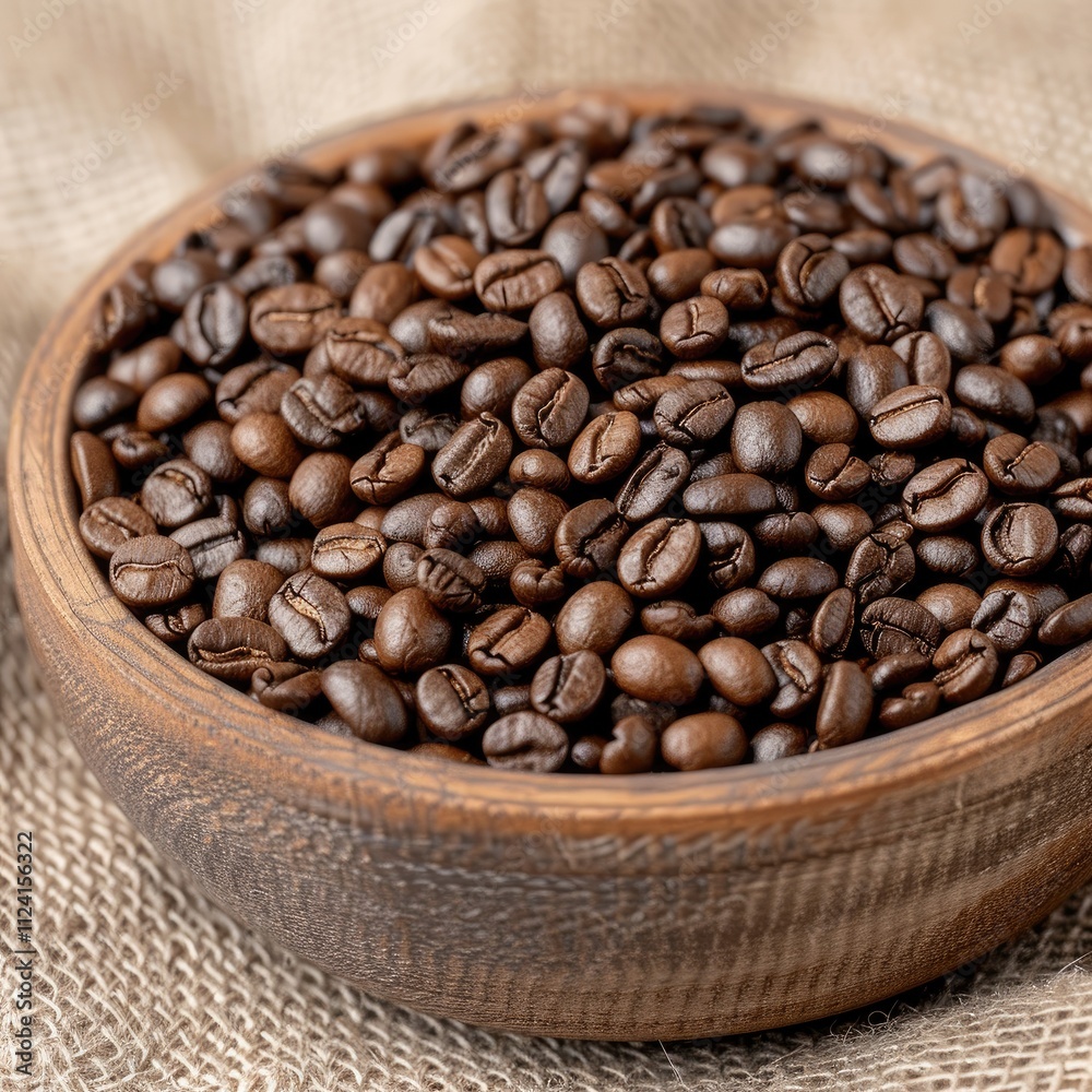 Fototapeta premium A wooden bowl filled with roasted coffee beans, showcasing their rich color and texture against a natural fabric background.