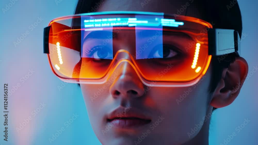 Futuristic Portrait of a Young Person with Neon-Lit Glasses Against a Vivid Blue Background Futuristic Portrait of a Young Person with Neon-Lit Glasses Against a Vivid Blue Background