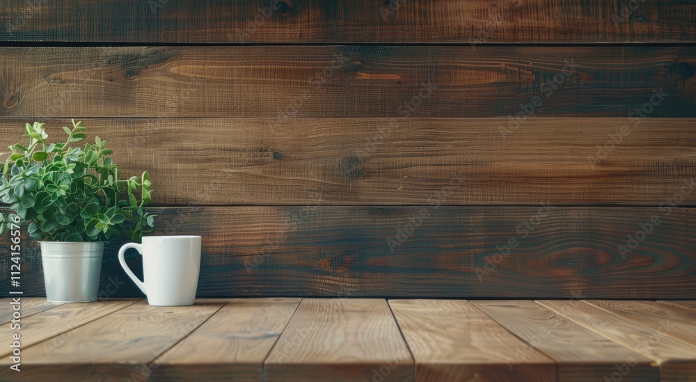 A serene wooden setting featuring a small plant and a white mug, creating a cozy and inviting atmosphere. A serene wooden setting featuring a small plant and a white mug, creating a cozy and inviting atmosphere.