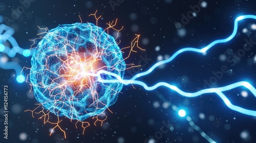 A vibrant, digital representation of a charged particle surrounded by electric currents, illustrating concepts of energy and atomic interactions.