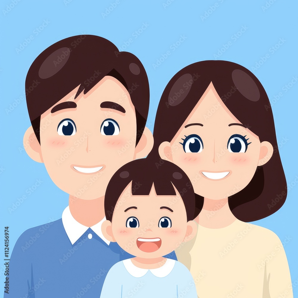 A cheerful family portrait featuring a father, mother, and young child, all smiling against a light blue background. A cheerful family portrait featuring a father, mother, and young child, all smiling against a light blue background.
