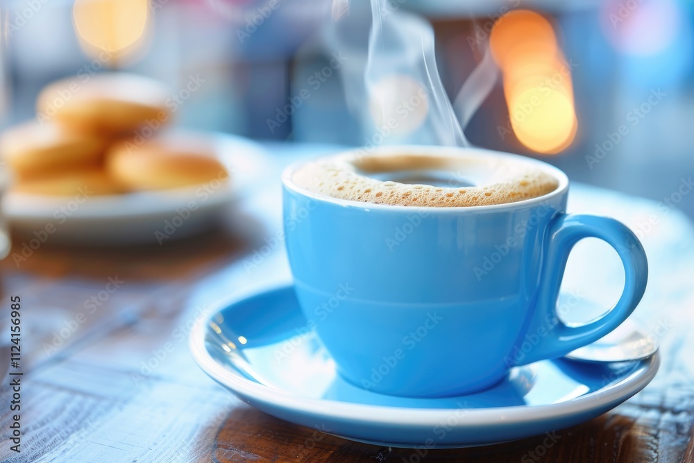 Fototapeta premium A steaming blue coffee cup on a wooden table, accompanied by soft cookies in the background, creating a cozy and inviting atmosphere.