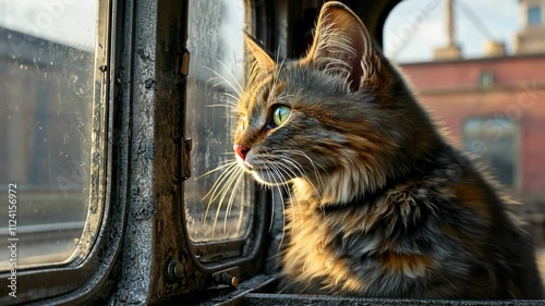 Beautiful Fluffy Cat Looking Out the Window with Curiosity and Wonder in the Morning Light