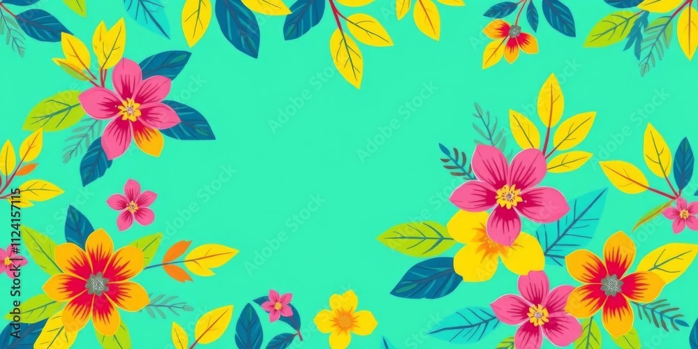 Vibrant spring wallpaper with yellow and turquoise hues, adorned with leaves and flower motifs, ideal for messaging, blank, wallpaper, space
