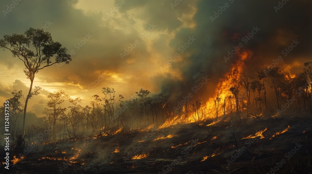 Wildfire devastation forest area natural disaster dusk lighting dramatic scene environmental impact Wildfire devastation forest area natural disaster dusk lighting dramatic scene environmental impact