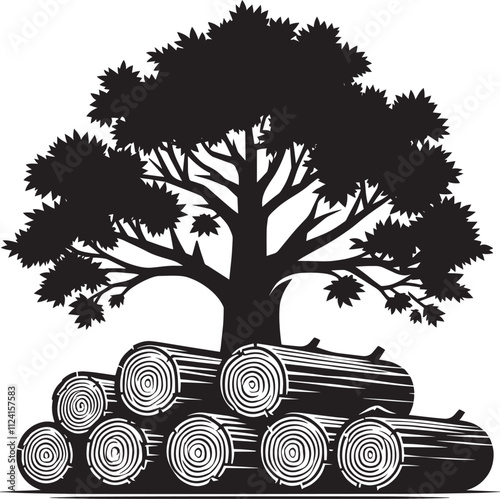 Wood log stack and trees silhouette vector illustration isolated on white background