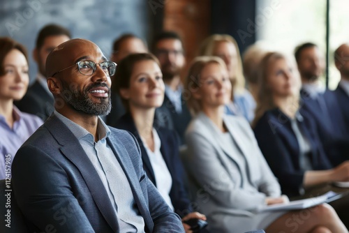 Entrepreneurial leader speaking at a business seminar with an audience attentively listening