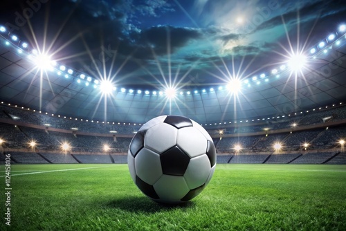 Soccer Ball in a Stadium with Lights. A classic black and white soccer ball on green grass in the center of a stadium, illuminated by spotlights