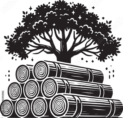 Wood log stack and trees silhouette vector illustration isolated on white background