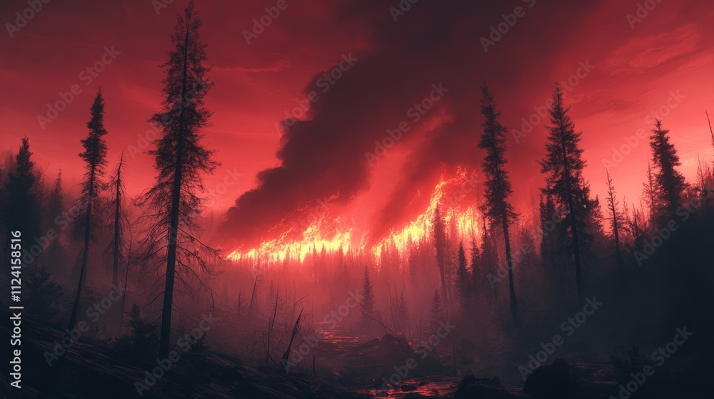 Forest fire blaze smoky landscape nature photography dramatic setting evocative viewpoint environmental awareness
