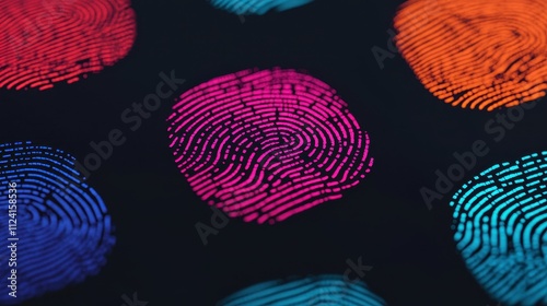 Vibrant fingerprint patterns in various colors displayed on a dark background, showcasing unique designs and textures. photo