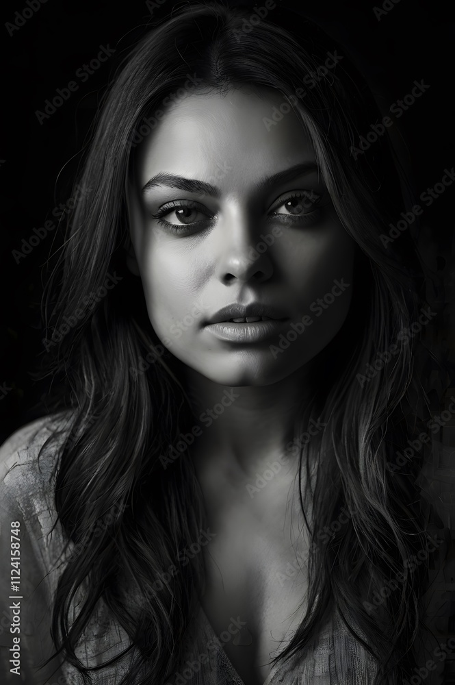 Monochrome Portrait of a Woman with Intense Expression and Dark Hair Monochrome Portrait of a Woman with Intense Expression and Dark Hair
