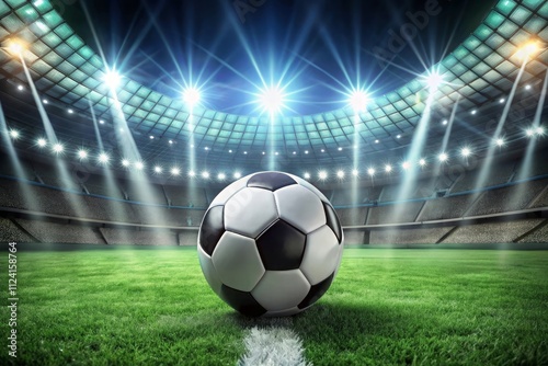 Soccer Ball in a Stadium with Lights. A classic black and white soccer ball on green grass in the center of a stadium, illuminated by spotlights