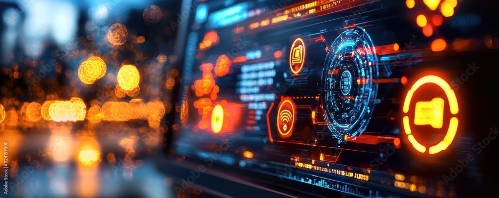 Fototapeta premium A futuristic digital interface displaying vibrant icons and data visualizations, suggesting themes of cybersecurity and technology.