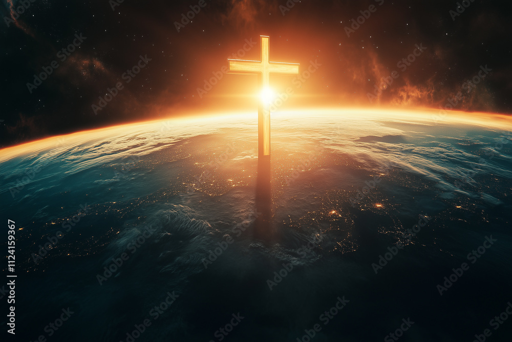 Naklejka premium Cross appearing on planet earth.