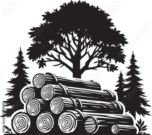 Wood log stack and trees silhouette vector illustration isolated on white background