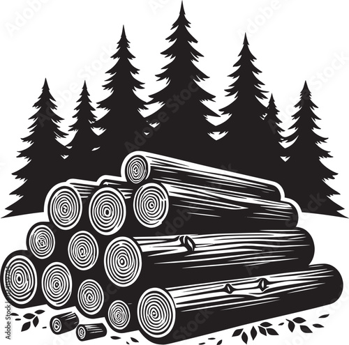 Wood log stack and trees silhouette vector illustration isolated on white background