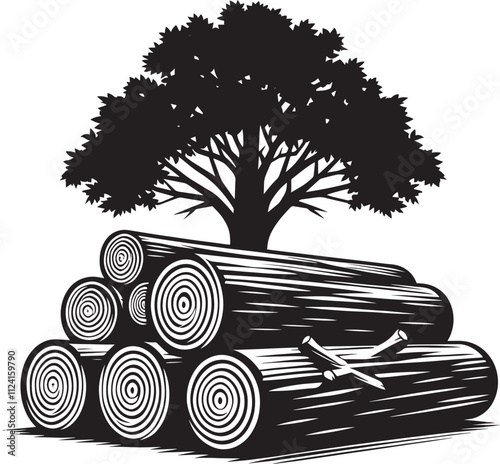 Wood log stack and trees silhouette vector illustration isolated on white background