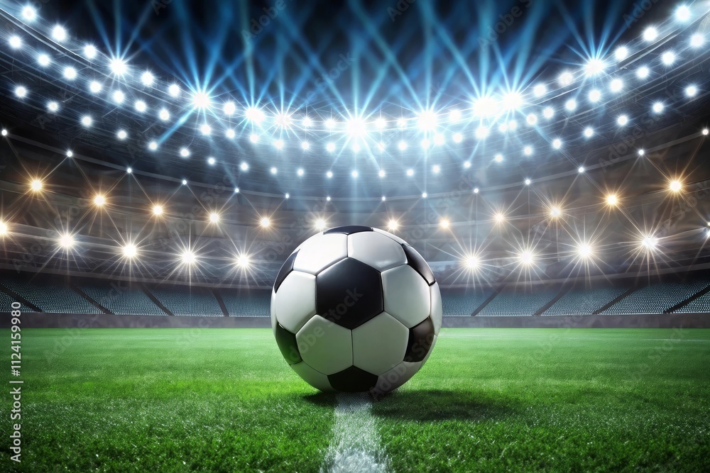 Fototapeta premium Soccer Ball with Stadium Lights in the Background