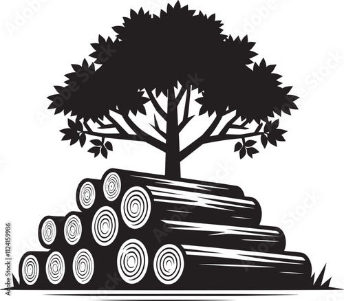 Wood log stack and trees silhouette vector illustration isolated on white background