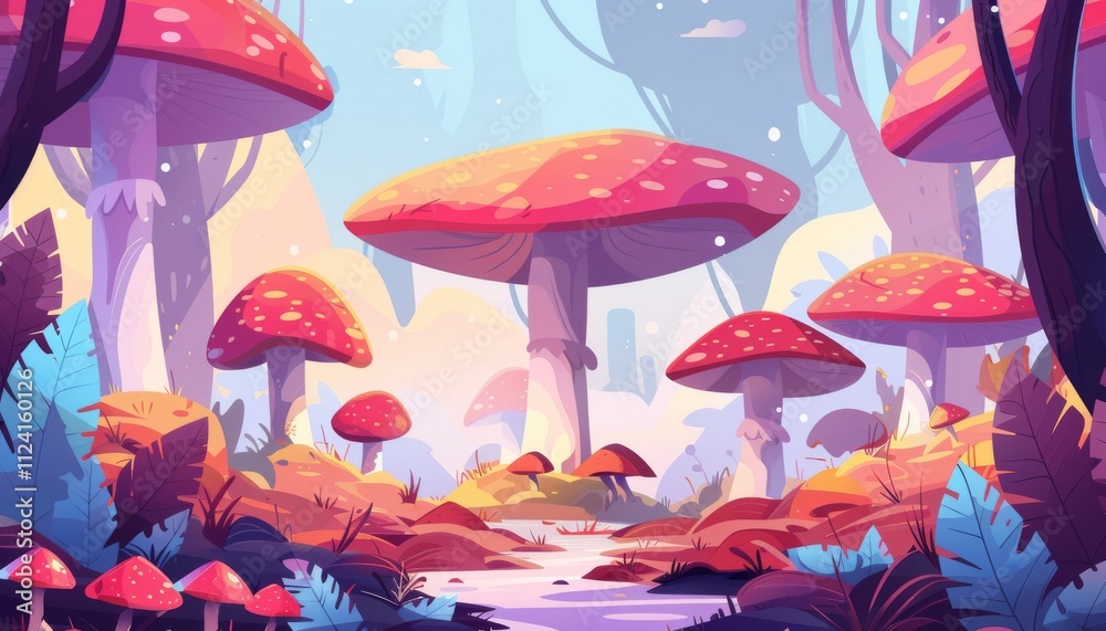 Magical Mushroom Forest. Fantasy Landscape. Enchanted Woodland. Giant Mushrooms, Fairy Tale Forest, Dreamy Landscape. Magical Mushroom Forest. Fantasy Landscape. Enchanted Woodland. Giant Mushrooms, Fairy Tale Forest, Dreamy Landscape.