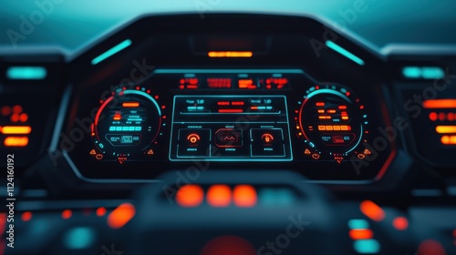 A futuristic vehicle dashboard illuminated with vibrant neon lights, showcasing advanced controls and instrumentation for an immersive driving experience. photo