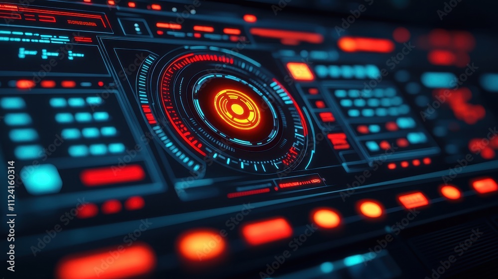 A futuristic interface featuring glowing blue and red elements, resembling a high-tech control panel or dashboard. A futuristic interface featuring glowing blue and red elements, resembling a high-tech control panel or dashboard.