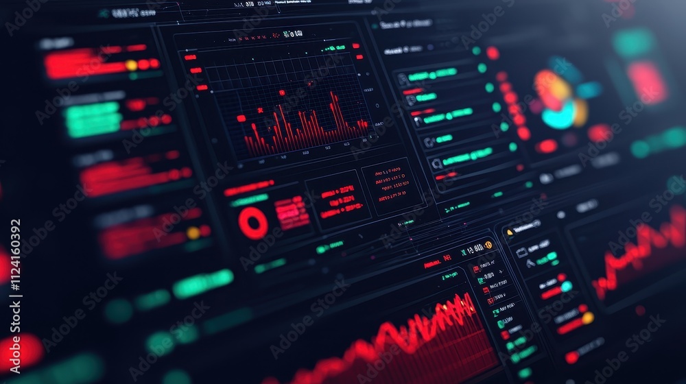 A vibrant digital dashboard displaying various data visualizations, including graphs and metrics, primarily in red and black tones. A vibrant digital dashboard displaying various data visualizations, including graphs and metrics, primarily in red and black tones.
