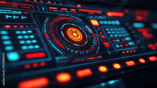 A futuristic interface featuring glowing blue and red elements, resembling a high-tech control panel or dashboard.